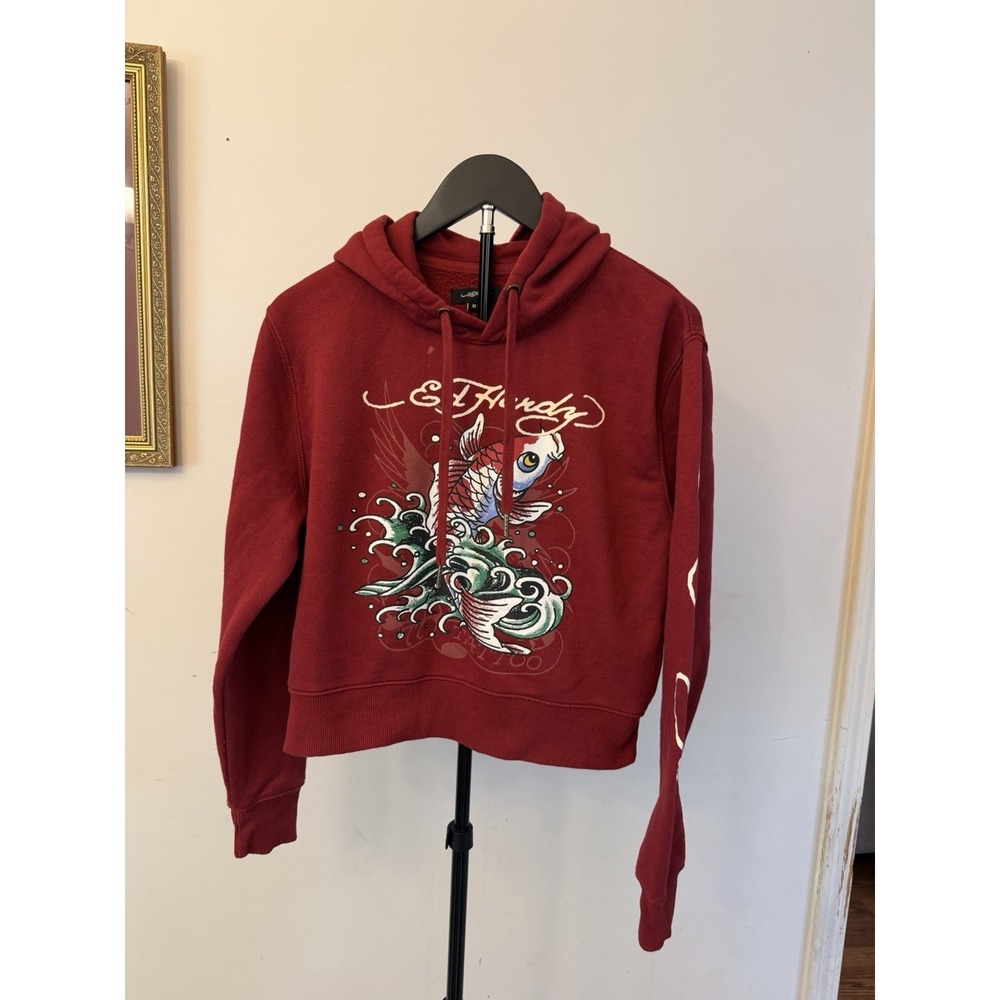 Ed Hardy Graphic Koi Fish Cropped Hoodie M Wine Burgundy Y2K